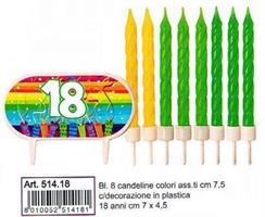 CANDELA C/DECORAZIONE 18 ANNI 8PZ COLORI ASSORT. 51418